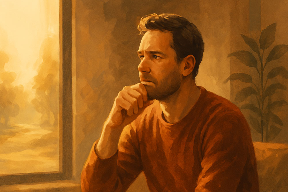 אדם בצומת דרכים באור שקיעה